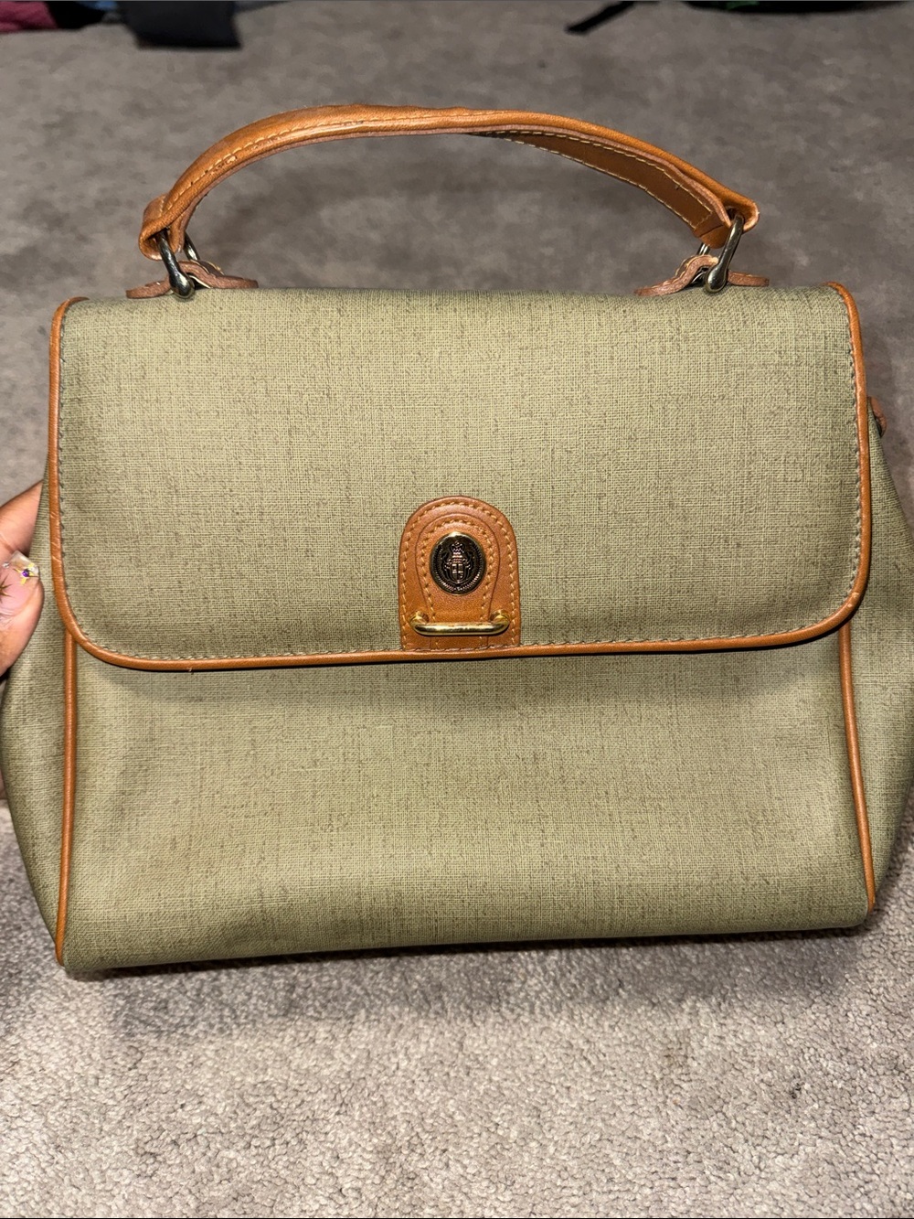 Liz Claiborne Classic Olive Green Top-Handle Satchel with Tan Trim